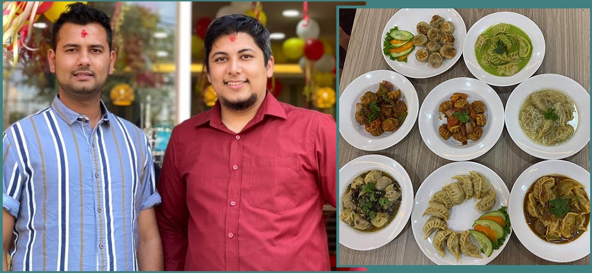 आग्रह अर्याल (बायाँ) र सुनिम मैनाली/१२ थरीले बिक्री गर्ने मःम।